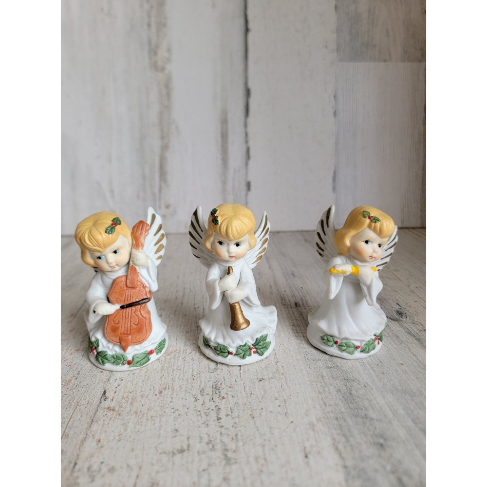Vintage porcelain cello horn flute angel cherub Xmas figure unique decor set